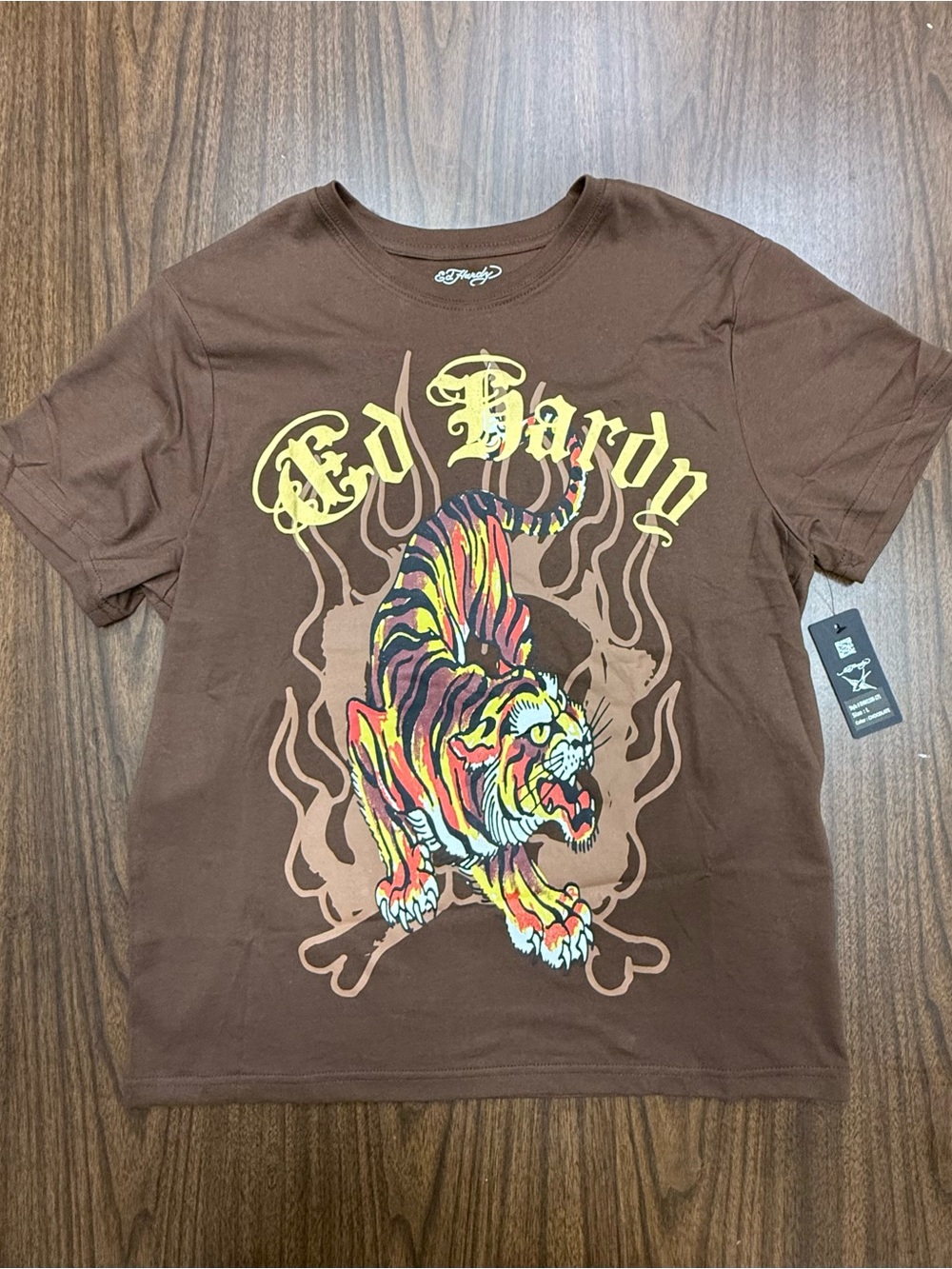 Ed Hardy Brown Tee with Multicolor Tiger Graphic NWT Large 🐅 🐯
